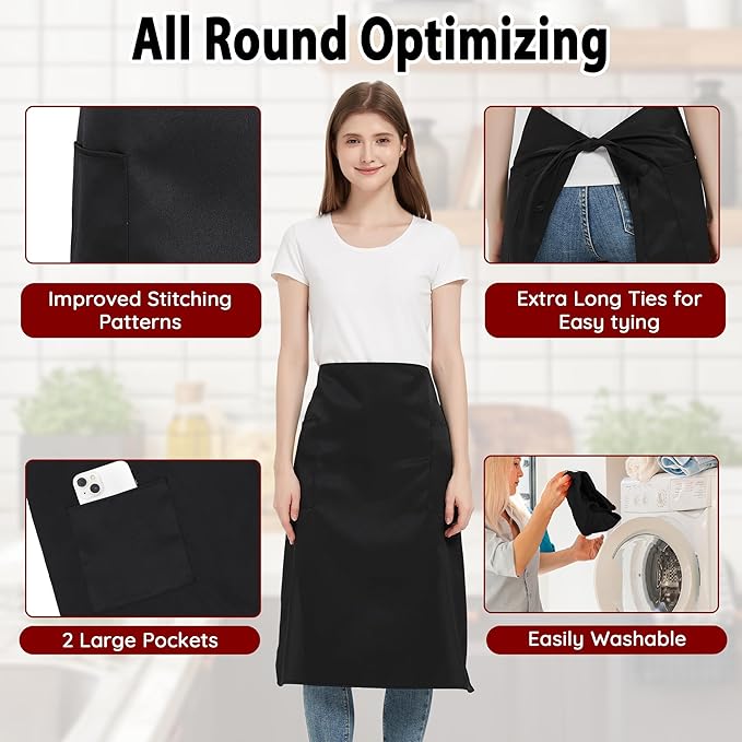 3 Pack Waist Apron with 3 Pockets, Unisex Black Waiter Aprons, Water Resistant Server Aprons for Restaurant Chef Bar