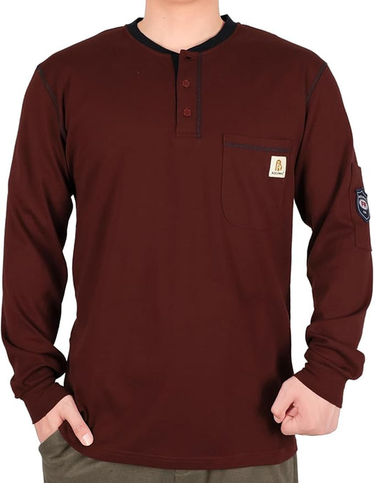 BOCOMAL FR Shirts for Men CAT2 5.5oz Long Sleeve Henley Workwear Flame Resistant Fire Retardant Shirt
