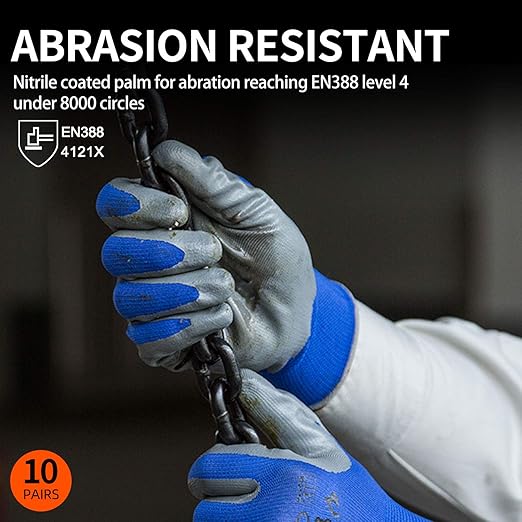 Vgo... 10-Pairs Safety Work Gloves, Gardening Gloves, Non-slip Nitrile coating, Dipping Gloves (Size L, Blue, NT2110)