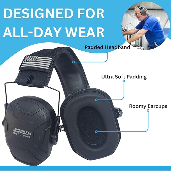 Shield XT Shooting Ear Protection for Gun Range | NRR 24dB | Construction Hearing Protection for Adults and Kids | Slim Noise Reducing Ear Muffs for Sport and Safety (Black) by Emblem OD