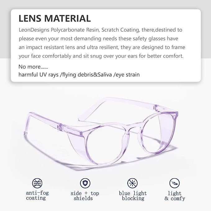 Stylish Round Safety Glasses Anti-Fog Women | Fashion Eye Protection Blue Light Blocking Glasses with Side Shields | Lab Clear Protection Goggles (Lilac)