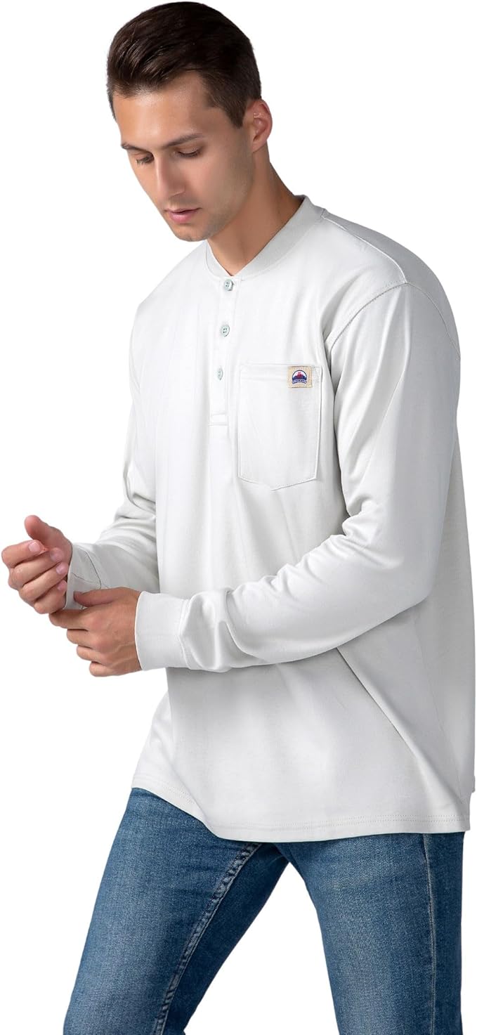 FR Henley Shirts for Men Flame Resistant Lightweight Welding 6.5oz 100% Cotton CAT2 Long Sleeve Fire Retardant FRC Clothing