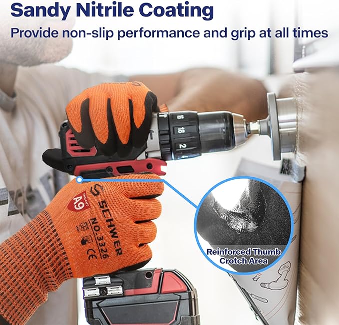 Schwer ProGuard Highest Level Cut Resistant Work Gloves PR3326 for Extreme Protection, ANSI A9 Cut Gloves with Reinforced Thumb, Non Slip, Non PFAS, Durable, Touch-screen, Orange 2 Pairs(XL)