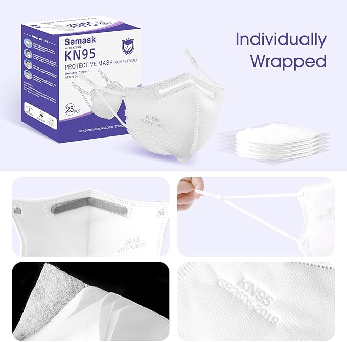 KN95 Adjustable Masks 25 Pack, Individually Wrapped Disposable Masks with Adjustable Ear Loops