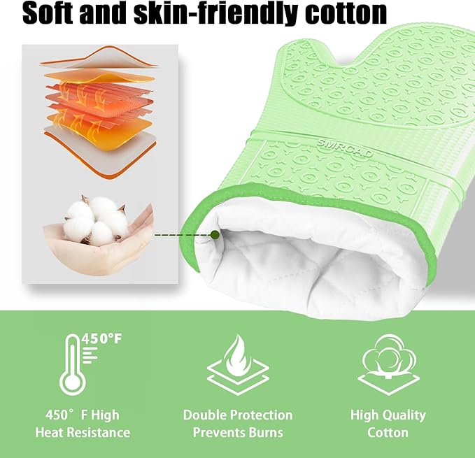 Oven Mitts with Heat-Resistant Hot Pads and Five Silicone Spatulas Designed for Kitchen Baking Cooking, Oven Glove Soft Cotton Lining, Waterproof, BPA-Free (Fluorescent Green, 12.6)