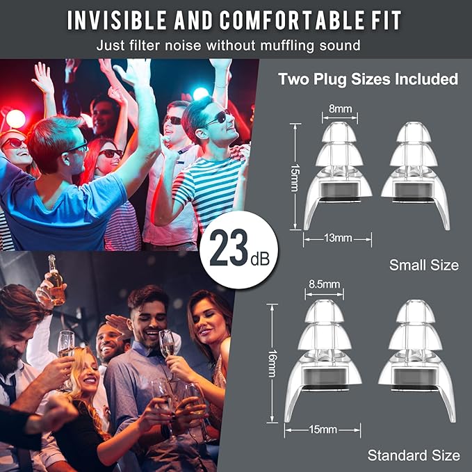 2 Pairs High Fidelity Concert Ear Plugs, Silicone Ear Plugs for Noise Reduction, Hearing Protection Earplugs for Concerts, Musicians, Festival, Nightclub, Drummers and Raves Party - 23dB (Black)