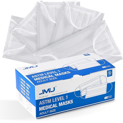 JMU 50pcs 3 Ply White Disposable Face Mask, Medical Grade, Comfortable & Breathable Suitable for Protection