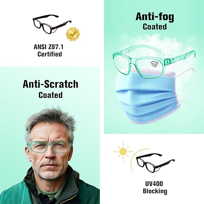 ProtectX Stylish Anti-Fog & Scratch-Resistant Safety Glasses With Readers, UV Protection Goggles, Anti-Impact Lightweight Glasses for Men＆Women Jade Reading 1.0-2 Pack