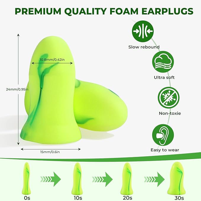Soft Foam Earplugs,34dB Highest NRR, Individually Wrapped,Reusable,10 Pair for Sleeping, Snoring, Loud Noise, Traveling, Concerts, Studying,Work,Construction, Shooting