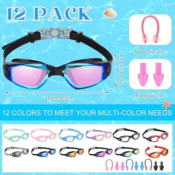 Xuhal 12 Pack Swim Goggles for Adult Anti Fog Swimming Glasses Leak Proof Swim with 12 Waterproof Nose Clips