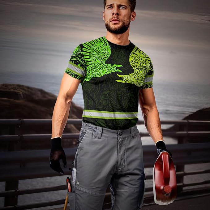 Matedecor Skull High Visibility Shirt Men Reflective Safety Shirts US Flag Custom Name Workwear, Runners, Walkers, Patriotic