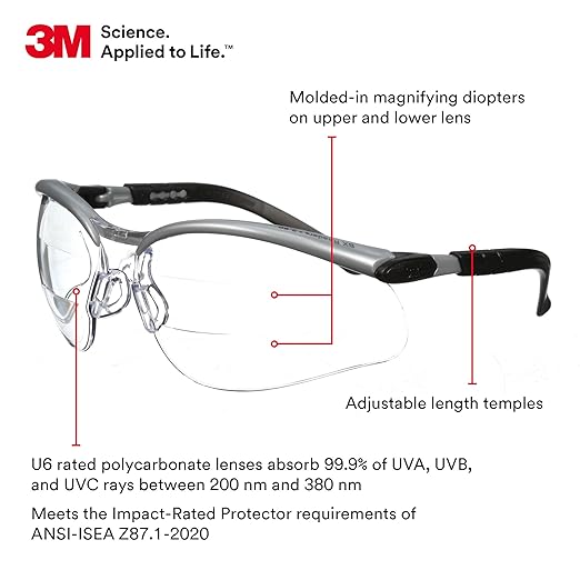 3M Safety Glasses, BX Dual Readers, +2.0, ANSI Z87, Anti-Fog Clear Lens, Silver/Black Frame, Adjustable Length Temples and Lens Angle