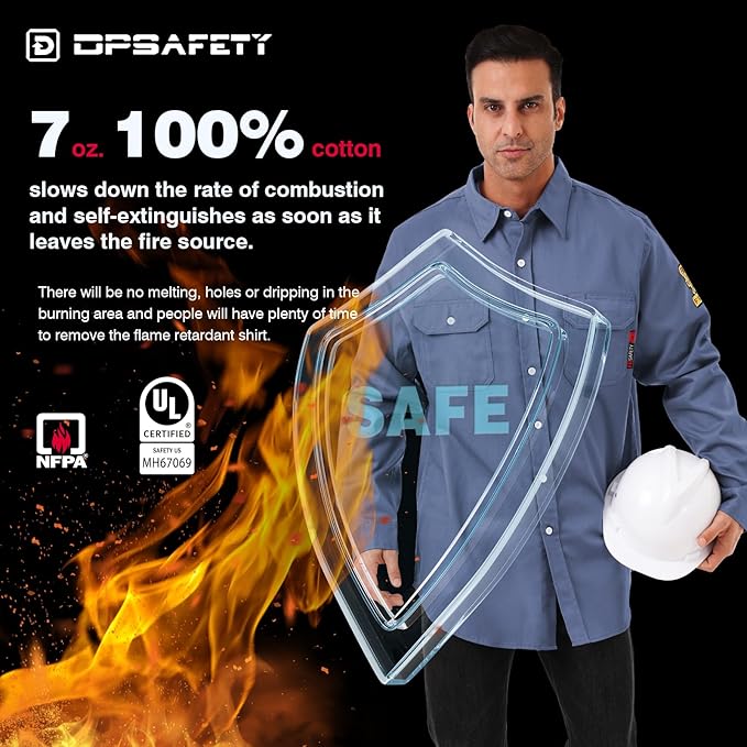 FR Shirts for Men 7oz Hi Vis Fire Resistant Shirts NFPA CAT2 Welding Shirt 100% Cotton Flame Resistant Shirt Light Blue(Medium)