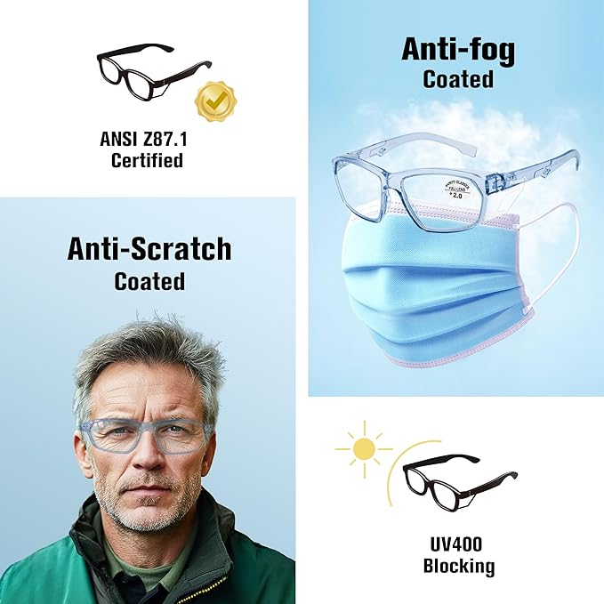 ProtectX Stylish Anti-Fog & Scratch-Resistant Safety Glasses With Readers, UV Protection Goggles, Anti-Impact Lightweight Glasses for Men＆Women 2.5-6 Pack,Blue