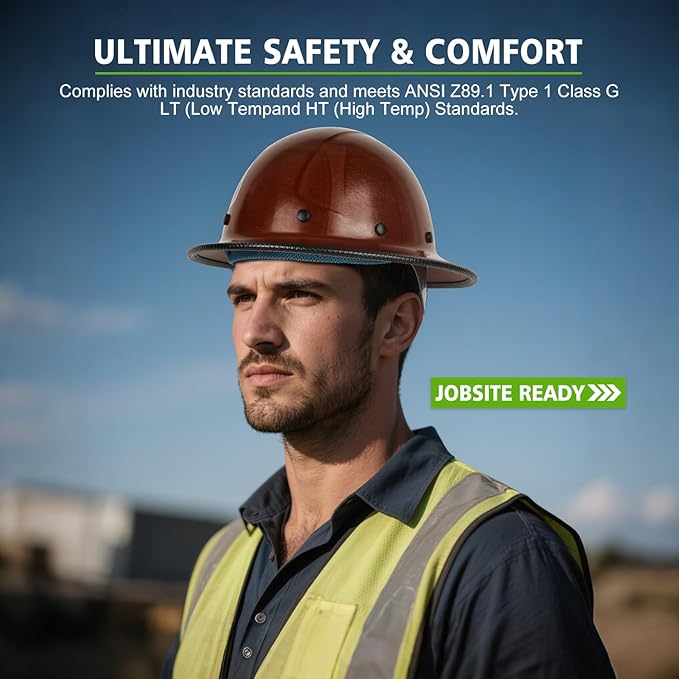 GREEN DEVIL Fiberglass Full Brim Hard Hat OSHA & ANSI Rated Fiber Hardhat for Men with Brim Guard