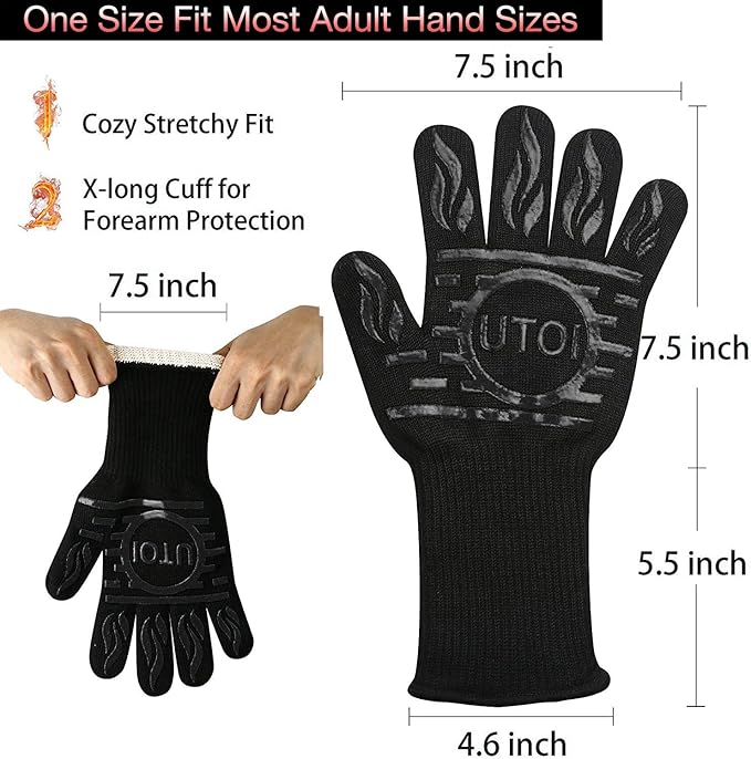 BBQ Grill Gloves, 1472F Heat Resistant Barbecue Oven Mitts, Silicone Non-Slip Cooking Gloves for Kitchen, Grilling and Baking, EN407 Certified, 13 inch Long, Black, XL Size, 1 Pair