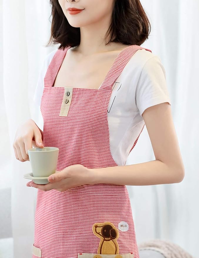 NEWGEM Lovely Cooking Apron for Women with Pockets Cotton Fabric Full Length Red Plaid