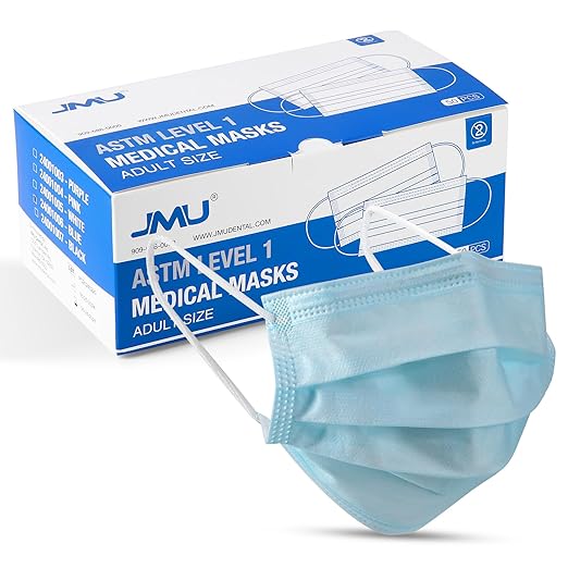 JMU 50pcs 3 Ply Blue Disposable Face Mask, Medical Grade, Comfortable & Breathable Suitable for Protection