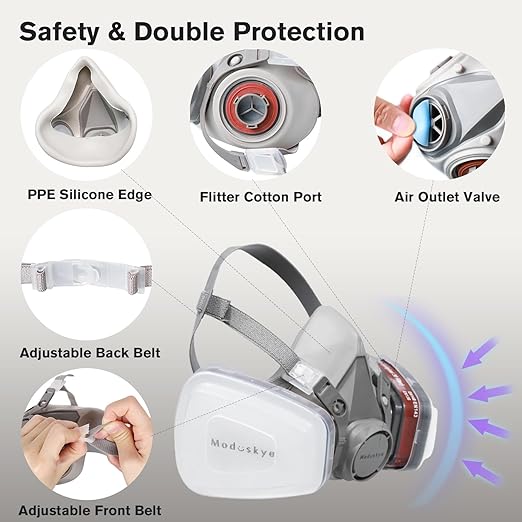 Reusable Respirator, Reusable Half Facepiece Respirator with 6 Active Cotton Respirator Filters Against Painting, Dust, Sanding, Polishing, Spraying