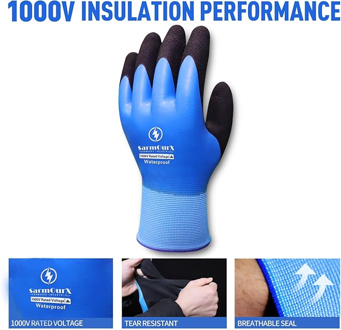 Electrician Insulated Gloves 1000V High Voltage, Waterproof for Palm Rubber Non-Slip Electrical Gloves