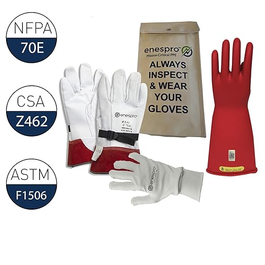 Class 2 Red Rubber Voltage Insulating Glove Premium Kit with FR Knit Glove and Leather Protectors, Max. Use Voltage 17,000V AC/ 25,500V DC, KITGC2R08AG