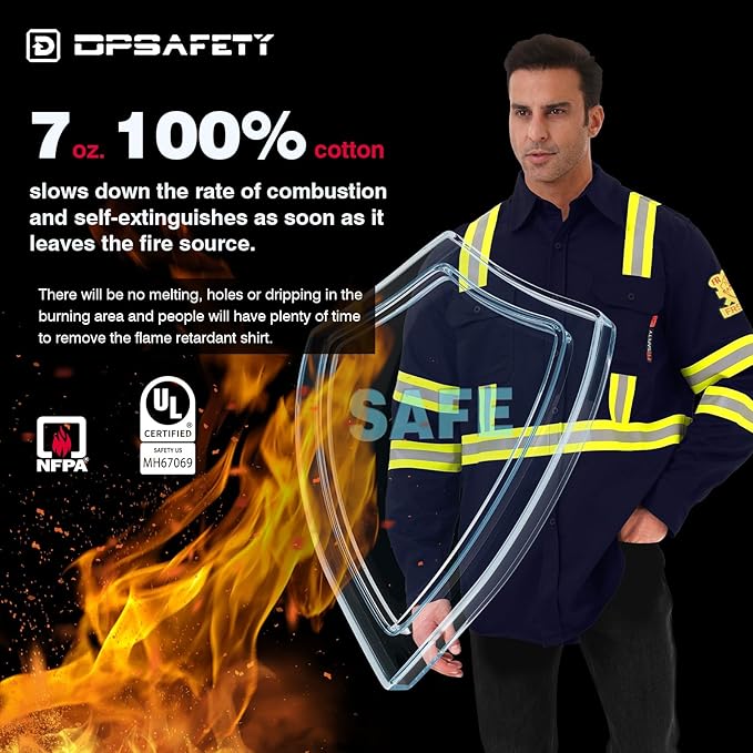 FR Shirts for Men 7oz High Visibility Fire Resistant Shirts NFPA CAT2 Welding Shirt 100% Cotton Hi Vis Flame Resistant Shirt Navy(5X-Large)
