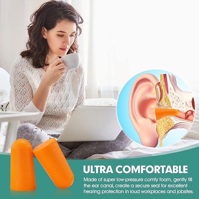 Orange Foam Ear Plugs 100 Pairs (200 Count) - 33dB NRR Highest Protection, Soft & Comfortable Noise Canceling Earplugs for Sleeping, Work, Snoring, Construction, Loud Noise