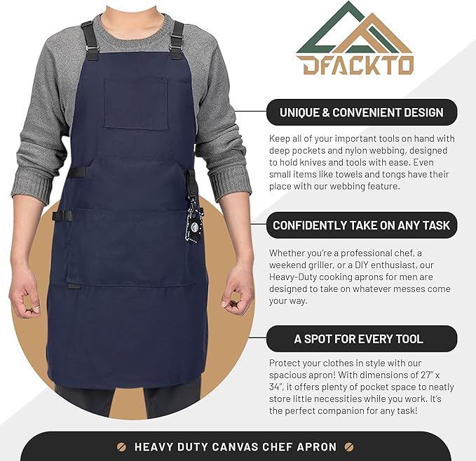 Canvas Chef Apron – Cross Back Straps Mens Apron for Butcher, Bartender, Grilling, BBQ, Kitchen, Workshop & Artist