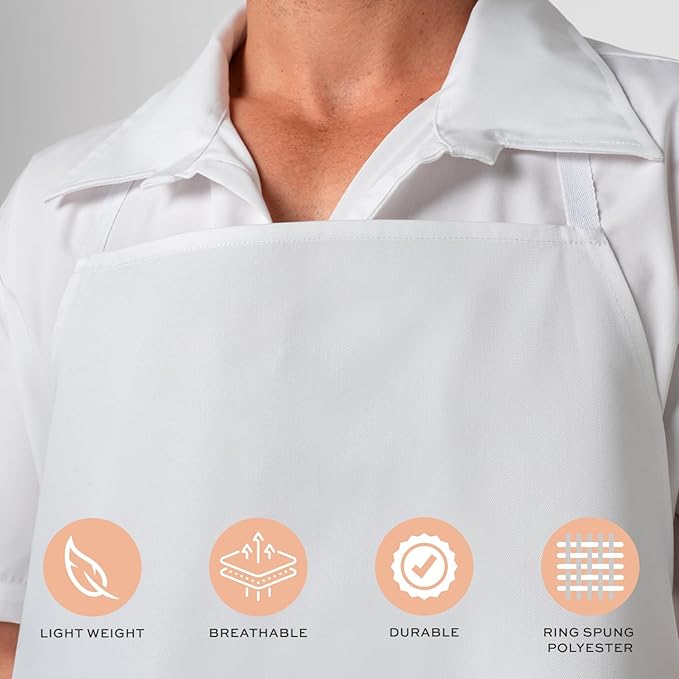 White Classic White Aprons - Commercial Chef Bib Apron for Kitchen and Restaurant Cooking without Pockets, Unisex Women and Men, Adult - 2 Pack