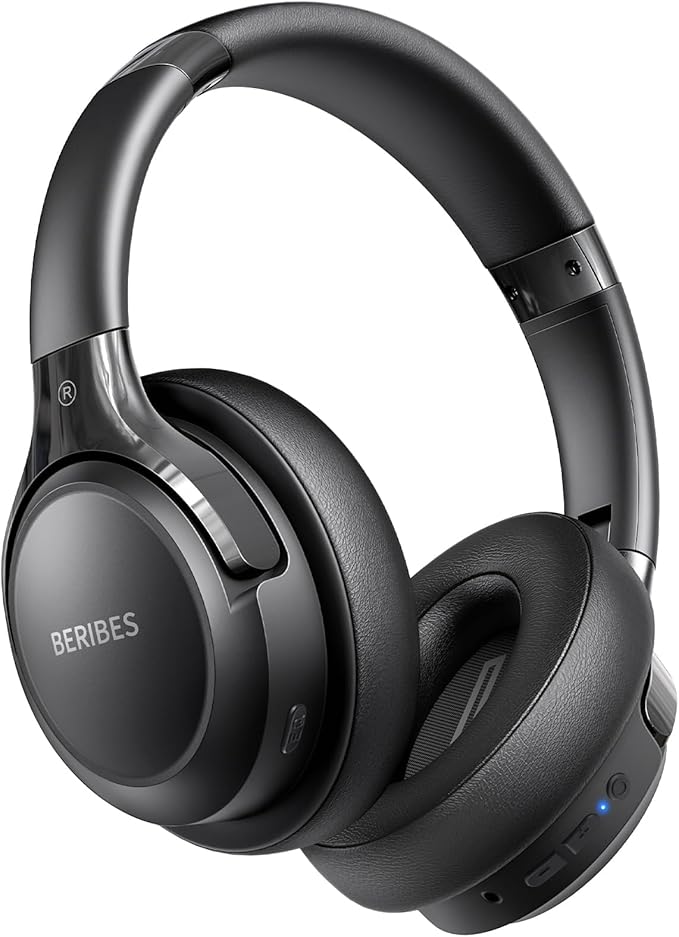 BERIBES Bluetooth Headphones Over Ear, 65H Playtime and 6 EQ Music Modes Wireless Headphones with Microphone, HiFi Stereo Foldable Lightweight Headsets(Black)