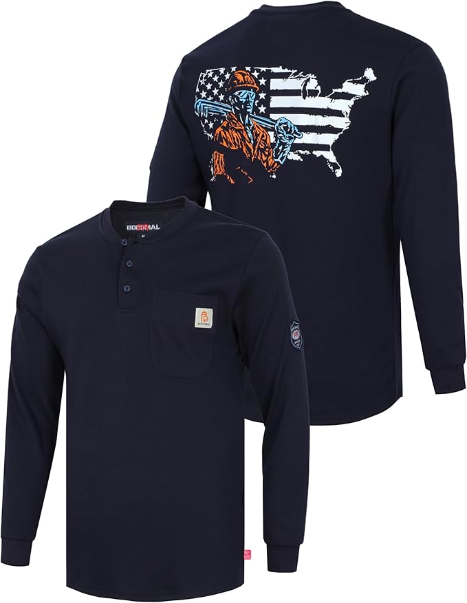 BOCOMAL FR Shirts Henley 7oz Midweight Fire Resistant Clothing NFPA2112 CAT2 Men's Flame Retardant Work Shirt