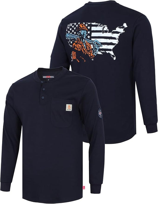 BOCOMAL FR Shirts Henley 7oz Midweight Fire Resistant Clothing NFPA2112 CAT2 Men's Flame Retardant Work Shirt
