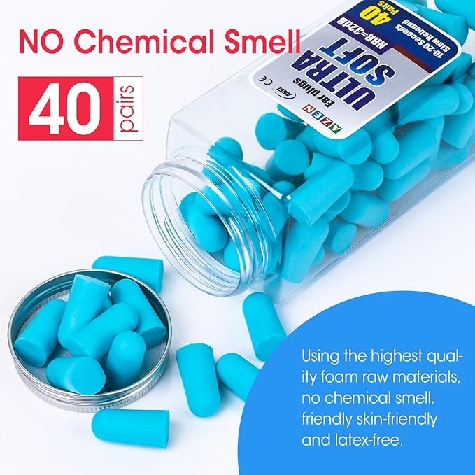 AZEN 40 Pairs Ear Plugs Bulk, NRR 32dB Soft Foam Ear Plugs for Sleeping Noise Cancelling, Earplugs for Concerts Shooting Swimming Noise Reduction (Lake Blue)