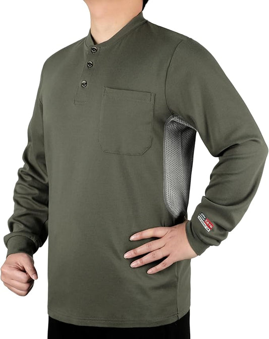 BOCOMAL FR Shirts Summer Vented Mesh Breathable Henley Shirt 5.5oz Flame Resistant CAT2 Work Clothing