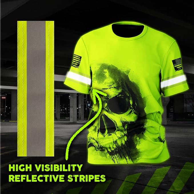 Matedecor Skull High Visibility Shirt Men Reflective Safety Shirts US Flag Custom Name Workwear, Runners, Walkers, Patriotic