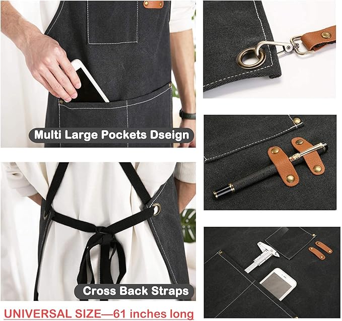 Chef Apron,Cross Back Apron for Women and Men,Cotton Canvas Apron with Adjustable Straps and Large Pockets,Kitchen Cooking Baking Bib Apron