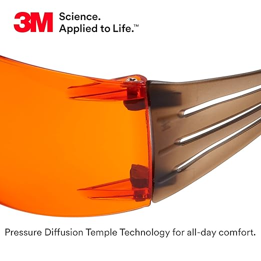 3M Safety Glasses, SecureFit, 20 Pack, ANSI Z87, Scotchgard Anti-Fog Anti-Scratch, Orange Lens, Brown/Black Frame, Flexible Temples
