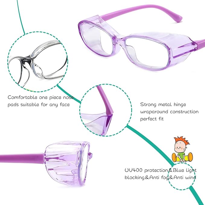 Safety Glasses Goggles Anti Fog Eye Protection Blue Light Blocking lens Side Shield Anti Pollen Soft TR90 for Boys Girls(Purple)