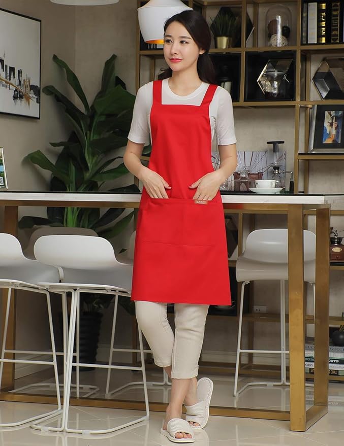 NEWGEM Painting Apron Cross Back with 2 Pockets Cotton for Kids,Adult,Butcher Fits for Grill,bbq,Paint Cross Back Red