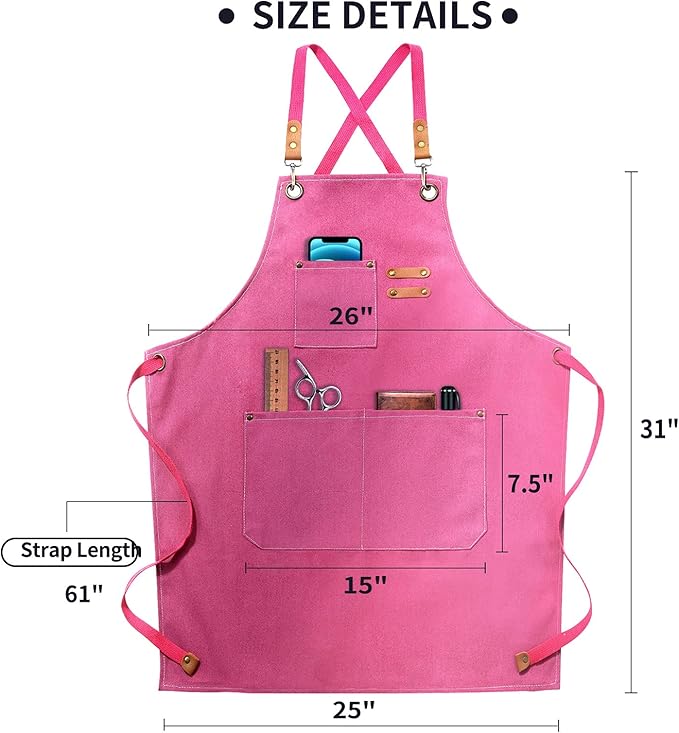 Apron for Women,Baking Kitchen Cooking Apron with Pockets, Cotton Canvas Cross Back Apron with Adjustable Strap and Large Pockets,BBQ Drawing Crafting Aprons for Women Chef (Pink)