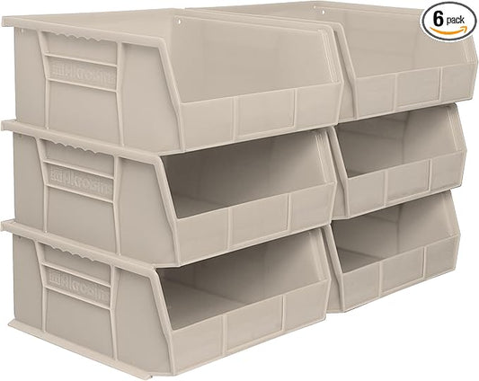 Akro-Mils 30235 AkroBins Plastic Storage Bins, Space-Saving Stackable Bins for Garage, Pantry, Craft Organization, 11-Inch x 11-Inch x 5-Inch, Stone, 6-Pack