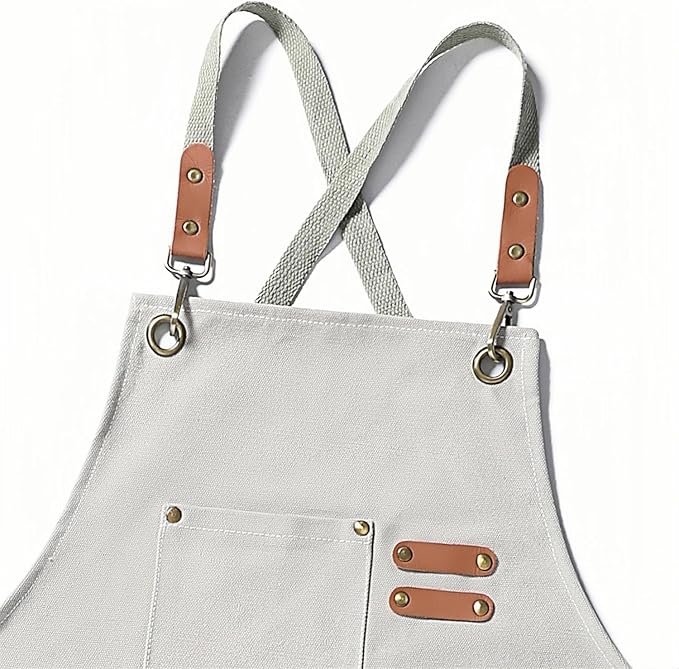 Chef Apron Medium-Thick Cotton Canvas,Cross Back with Multiple Pockets Adjustable Work Apron for Men and Women (Beige)