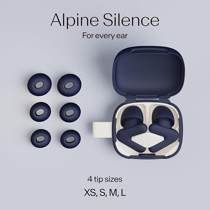 Alpine Silence Earplugs for Sleep, Focus & Travel - V-Shape Fit & Soft Oval Tips – 4 Sizes XS/S/M/L - Comfortable, Reusable Hearing Protection - 22dB – Midnight Blue