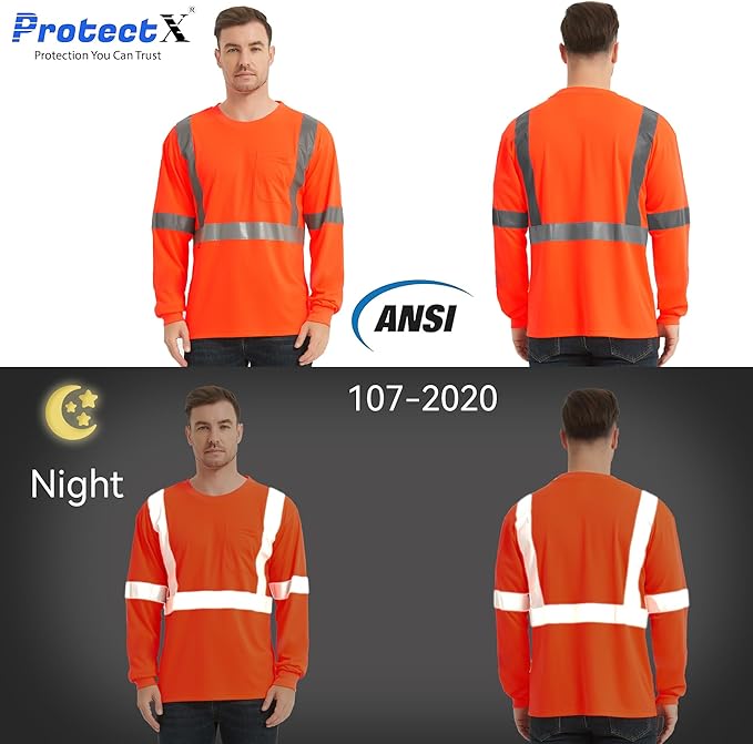 ProtectX High Visibility Long Sleeve Shirts Reflective Hi Vis Safety Shirt for Men Women Class 2-3 Construction Shirt 1 Pack