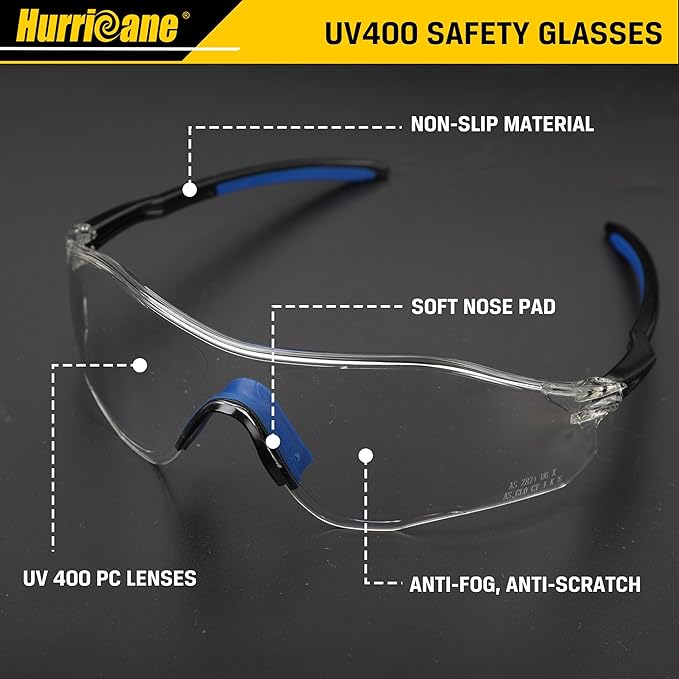 HURRICANE UV400 Safety Glasses, Clear Lens, Lightweight PC Glasses with Anti-Fog Feature