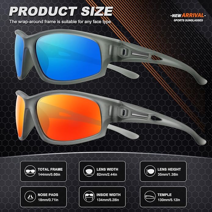 Polarized Sports Sunglasses for Men 100% UV Protection Wrap Around Unbreakable Sun Glasses for Fishing Driving
