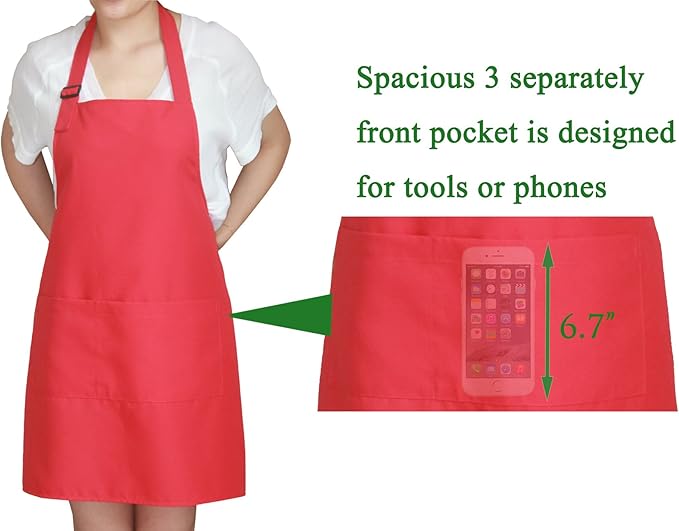 ChristmasRed Professional Waterdrop Resistant Adjustable Extra Long Bib Apron 3 Pockets(5 SET) Kitchen Garden Restaurant Cafe Bar Pub Bakery for Cooking Chef Baker Servers Craft Unisex