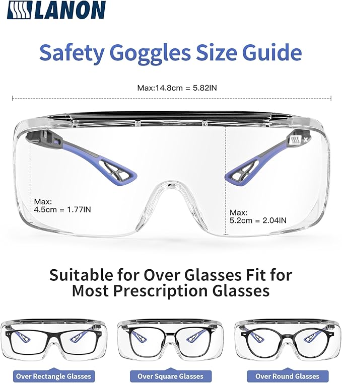 LANON Safety Glasses Over Glasses,ANSI Z87.1 Lenses with Anti-Fog & Scratch,Side Protection, High Transmission, Adjustable Protective Eyewear Goggles