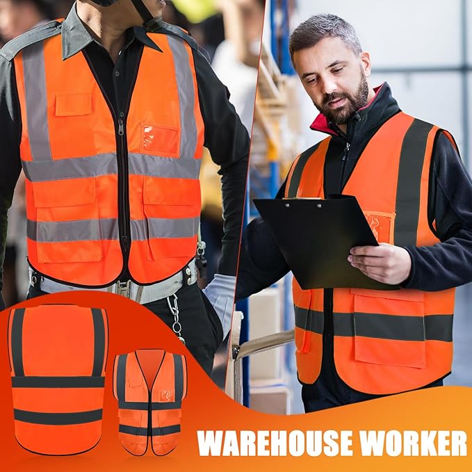 15 Pack Reflective Safety Vests with Pockets and Zipper Construction Work High Visibility Vest for Men Women(Medium,Orange Red)