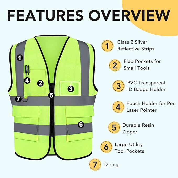 XPCARE 10-Pack Hi Vis Reflective Safety Vest with Pockets, Green High Reflective Strips Zipper Work Vest for Men and Women（Medium）